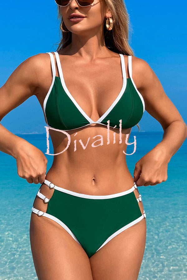 Contrast Color Lace-up Stretch Two-piece Bikini Swimsuit