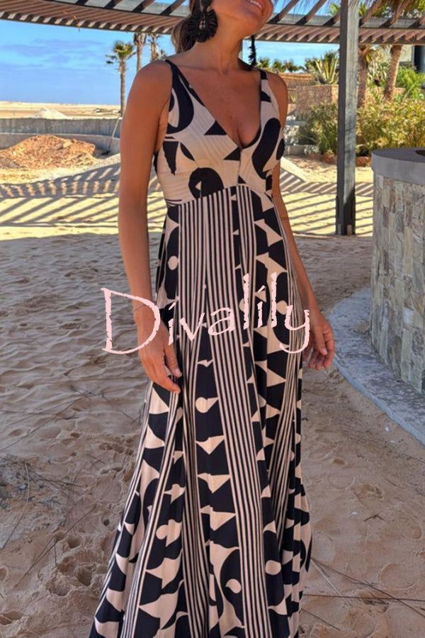 Sabine Geometric Print V-Neck Back Smocked A-line Maxi Dress