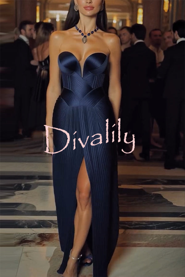 Stunning The Audience Plissé Satin Off Shoulder Drape Slit Gown Maxi Dress