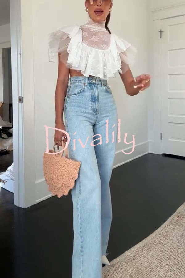 Kathlyn Lace Layered Tulle High Neck Ruffle Cropped Top