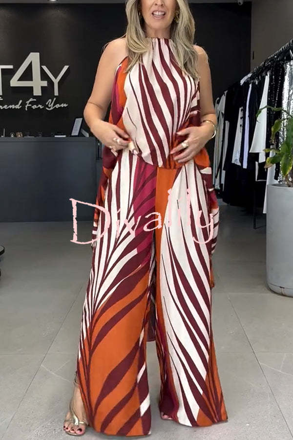 Edina Unique Print High Low Halter Loose Top and Elastic Waist Pocketed Wide Leg Pants Set