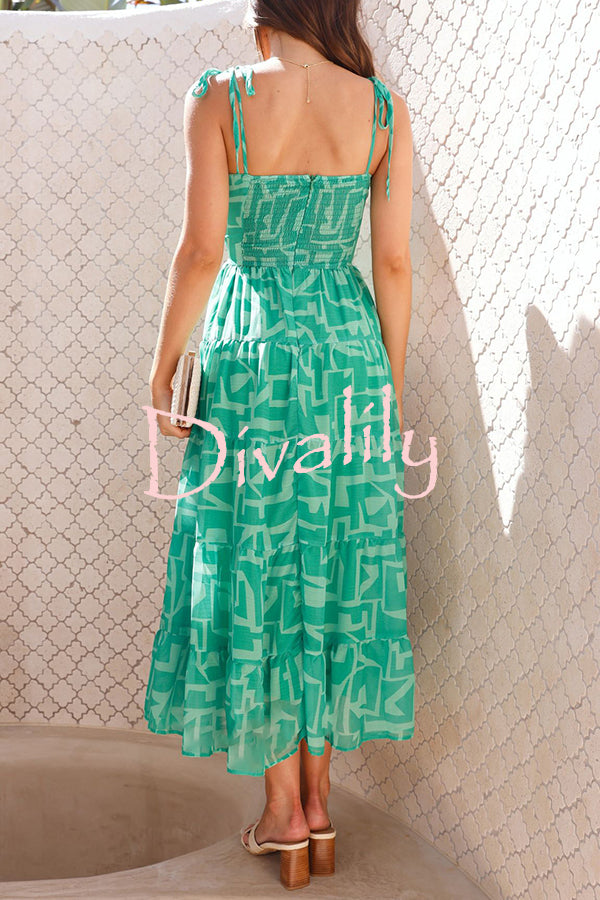 Unique Printed Suspender Tie Back Pleated Midi Dress