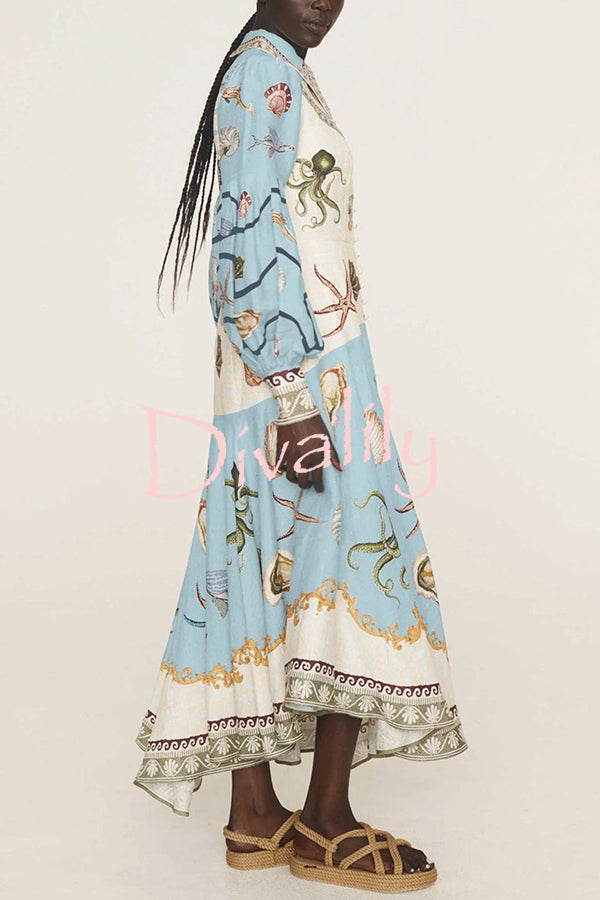 Ocean Print Lapel Button Waist Tie Resort Maxi Dress