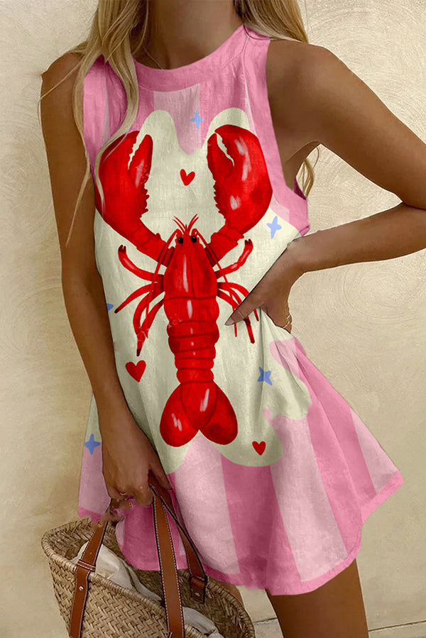 Cartoon Lobster Print Sleeveless Resort Mini Dress