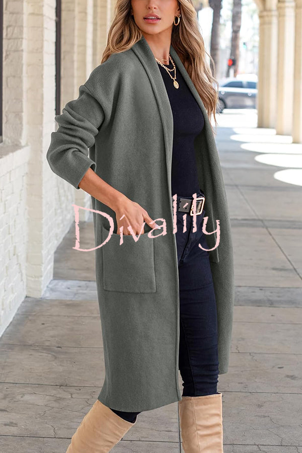 Solid Color Long-sleeved Casual Loose Pocket Mid-length Cardigan