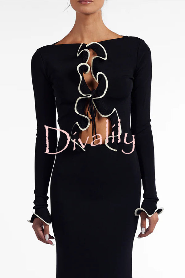 Fashion Ruffled Long-sleeved Tie-cropped Knitted Cardigan