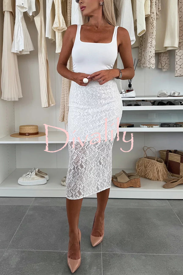 Lesia Floral Lace High Rise Slit Stretch Midi Skirt
