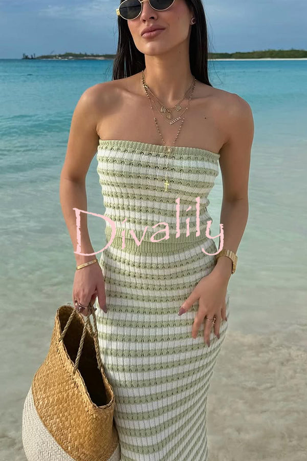 Bahamas Beach Knit Colorblock Stripes Bandeau Top and High Rise Stretch Maxi Skirt Set