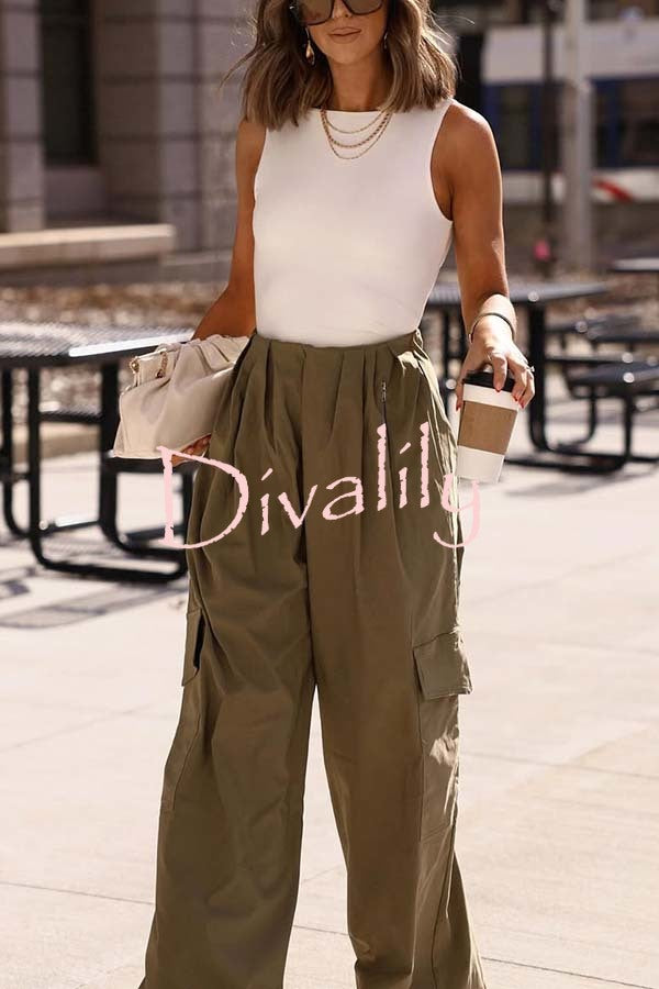 Great Week Pleated Elastic Waist Zipper Pocket Wide Leg Cargo Pants