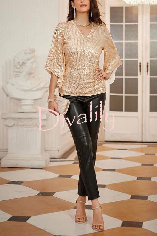 Solid Color Sequined V-neck Hollow Sleeve Slim Fit Top