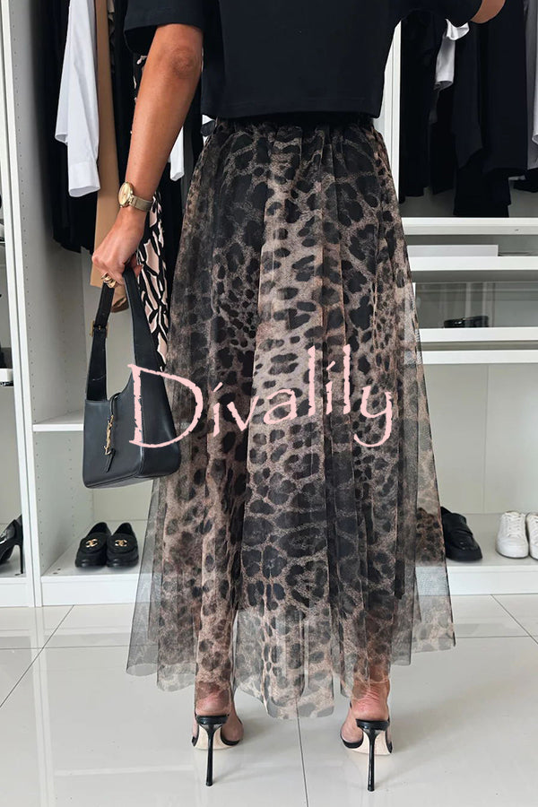 Autumn Jungle Tulle Leopard Print Elastic Waist A-line Maxi Skirt