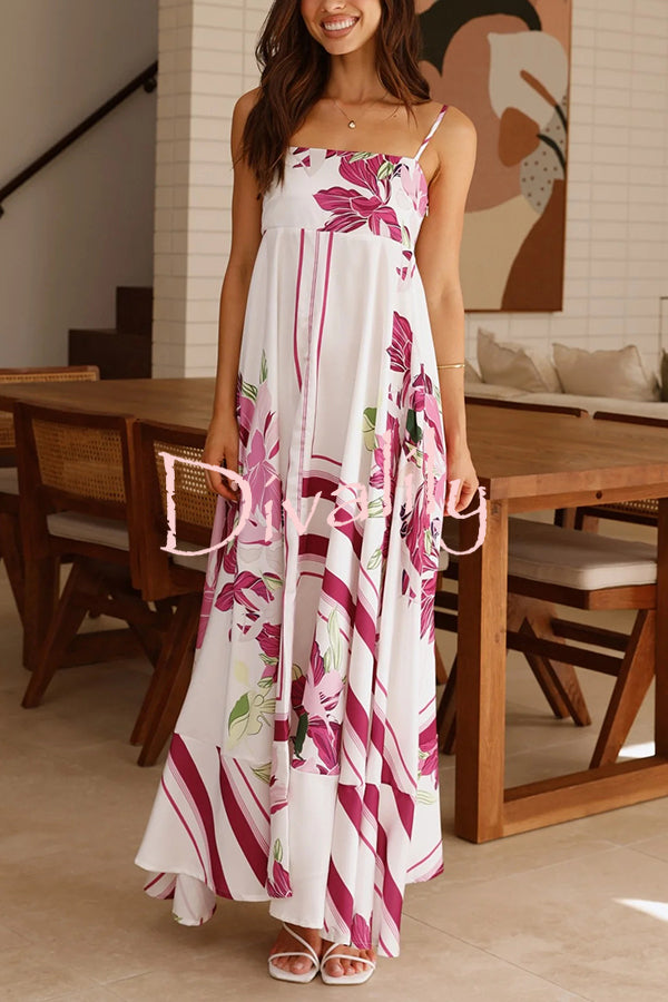 Botanical Print Halter Square Neck Pleated Loose Maxi Dress