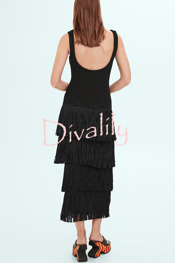 Solid Color Sleeveless Slim Fit Fringed Hem Knitted Midi Dress