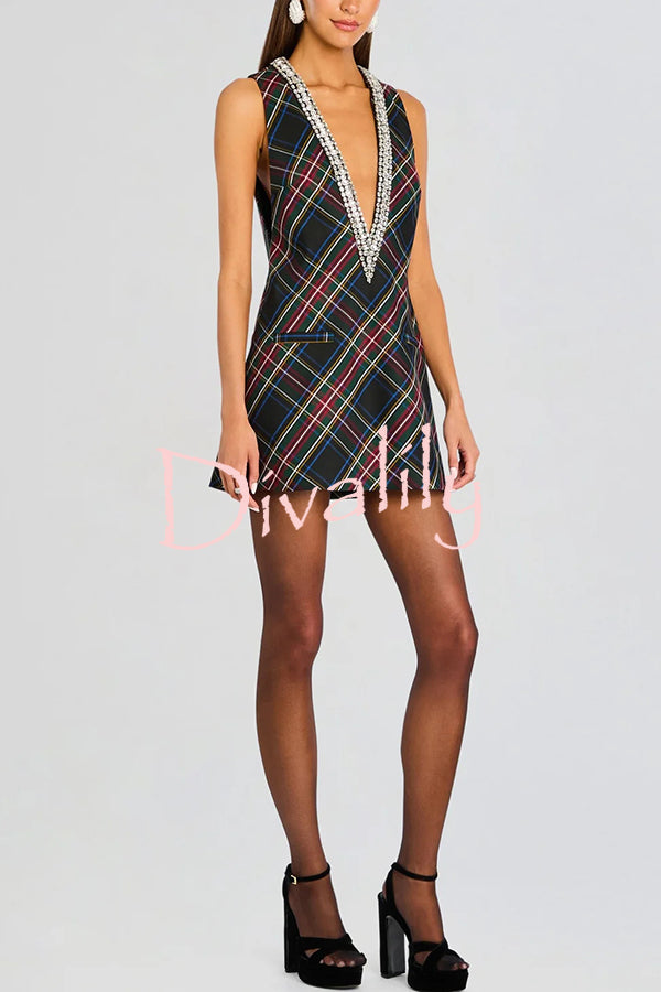 Elegant Demeanor Satin Gemstone Trim Deep V-Neck Tank H-line Mini Dress