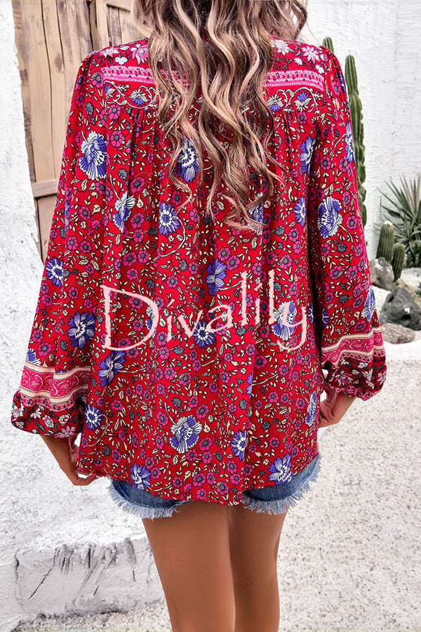 Intricate Floral Print V Neck Lace Up Paneled Long Sleeve Shirt