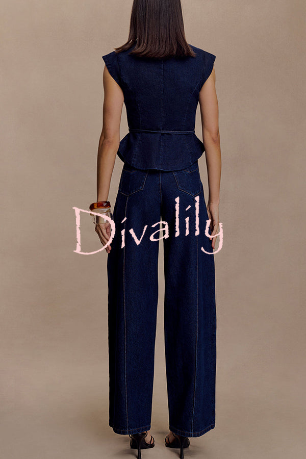 Charley Denim Button Up Cap Short Sleeve Structured Tie-up Lapel Top