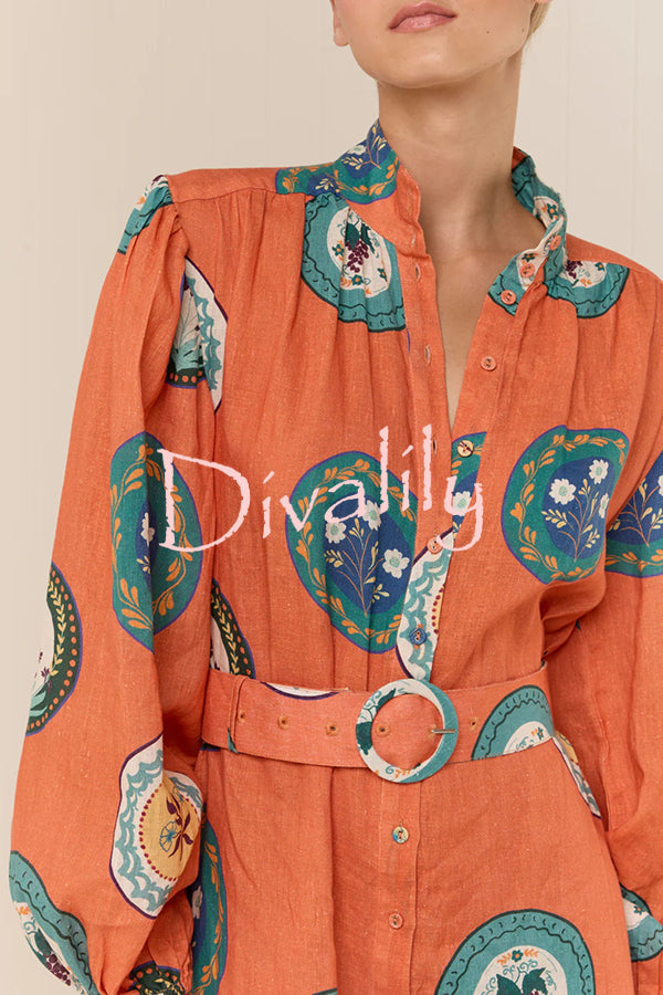Linen Blend Unique Print Belted Single-breasted Casual Maxi Dress
