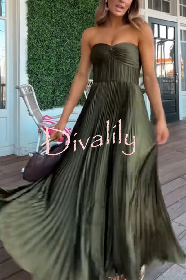 Love Note Satin Sweetheart Twist Off Shoulder Pleated Maxi Dress