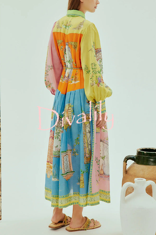 Unique Print Lapel Lantern Sleeve Single Breasted Tie Waist Midi Dress