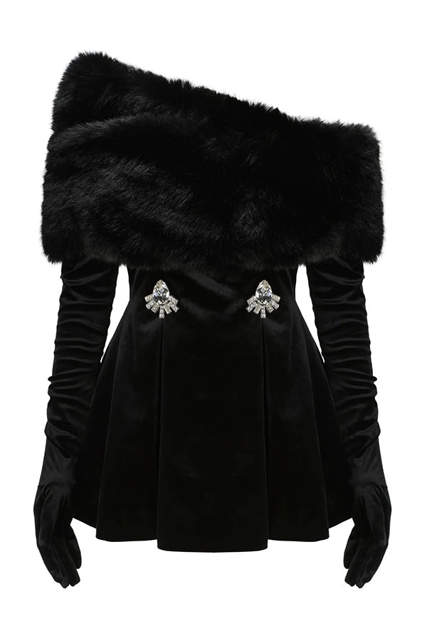 Stylish Velvet Off-shoulder Fitted Mini Dress and Fluffy Shawl, Velvet Gloves Three-piece Set