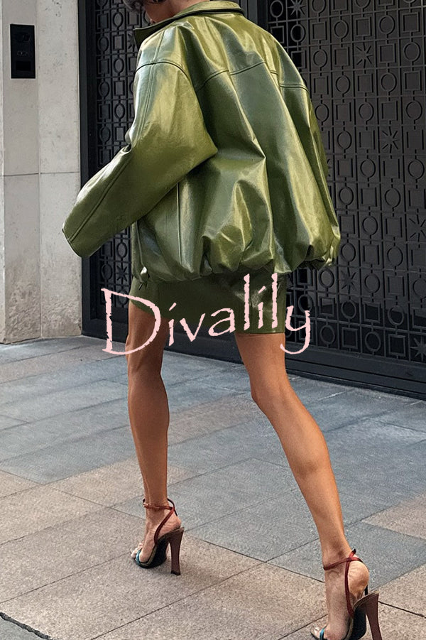 Solid Color Loose Long Sleeve Pocket Casual Leather Jacket