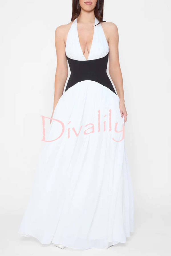 Fashionable Color Matching Sexy Halter Neck Waist Maxi Dress