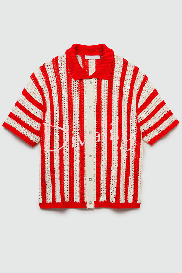 Fashionable Red and White Contrast Lapel Short-sleeved Knitted Top