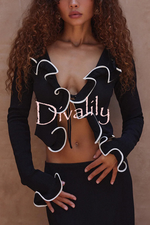 Fashion Ruffled Long-sleeved Tie-cropped Knitted Cardigan