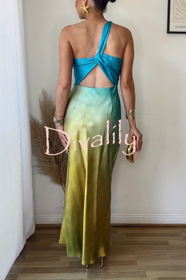 Satin Ombre One Shoulder Backless Fitted Maxi Dress
