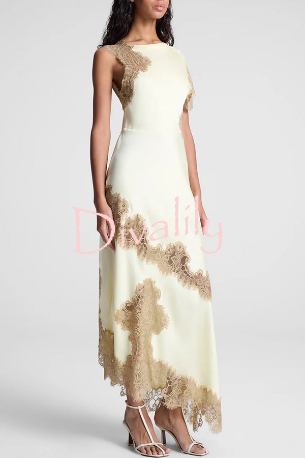 Paris Dream Satin Lace Trim Irregular Design Drape Maxi Dress