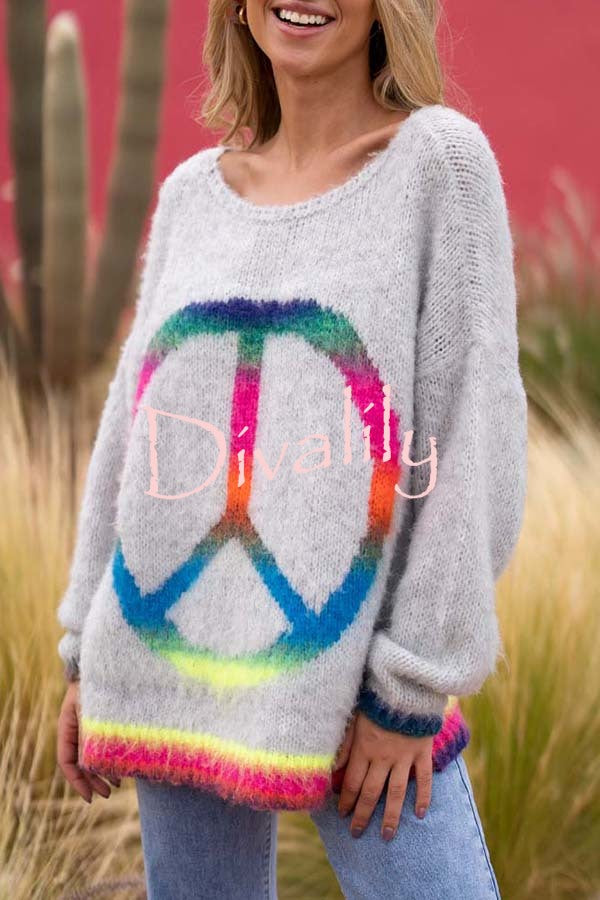 Love and Peace Knit Rainbow Pattern Loose Pullover Sweatershirt