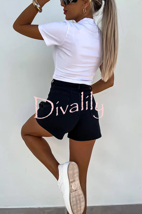 Fashion Rhinestone Loose Pocket Denim Shorts