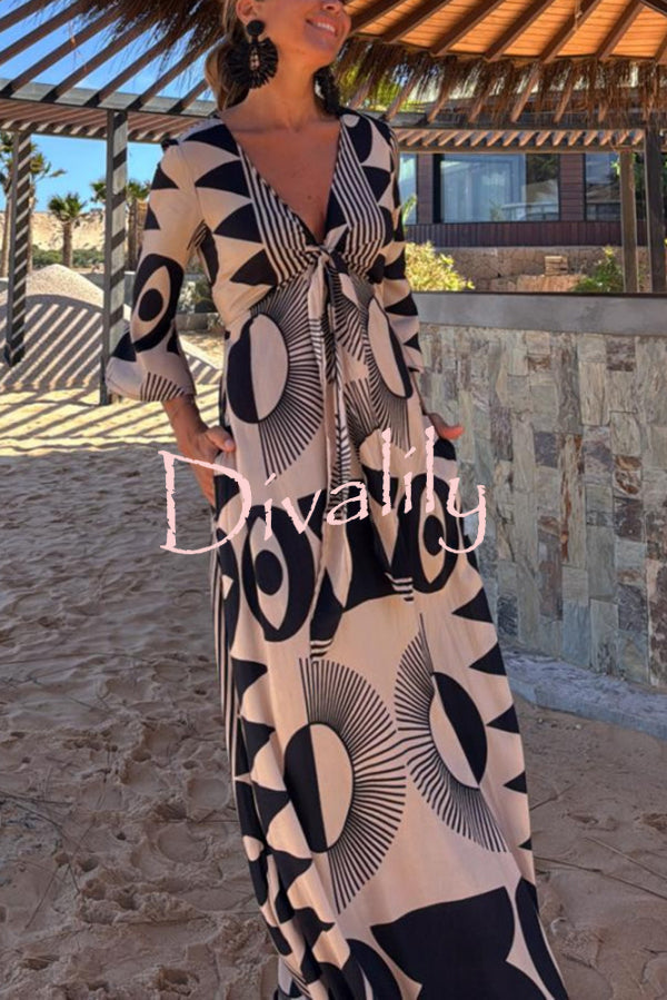 Unique Print V-Neck Tie Loose Pocket Casual Maxi Dress