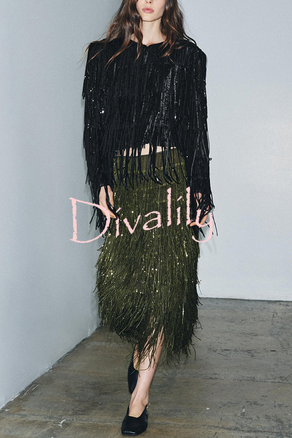 Stylish Sequined Tassel Elegant Midi Skirt