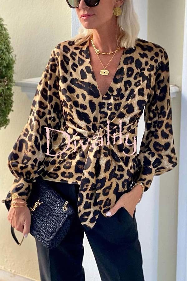 Janae Leopard Print Front Tie-up Lantern Sleeve Casual Blouse