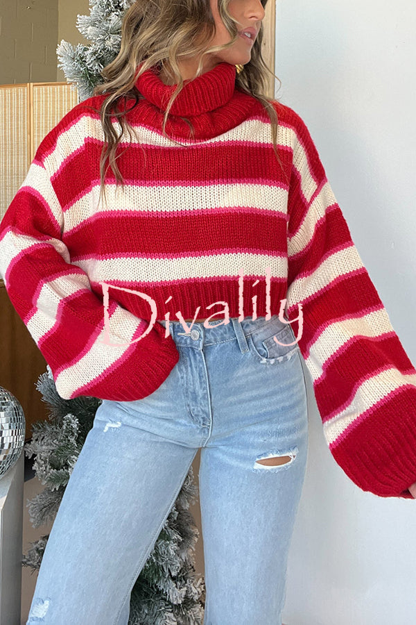 Fashion Striped Turtleneck Long Sleeve Loose Knit Sweater