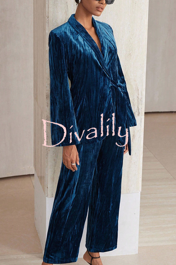 Solid Color Velvet Pleated Long-sleeved Tie Top and Casual Pocket Straight-leg Pants Set