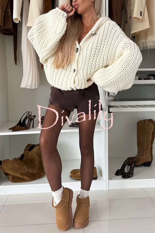 Warm Day Knit Button Up Long Balloon Sleeve Hooded Loose Cardigan