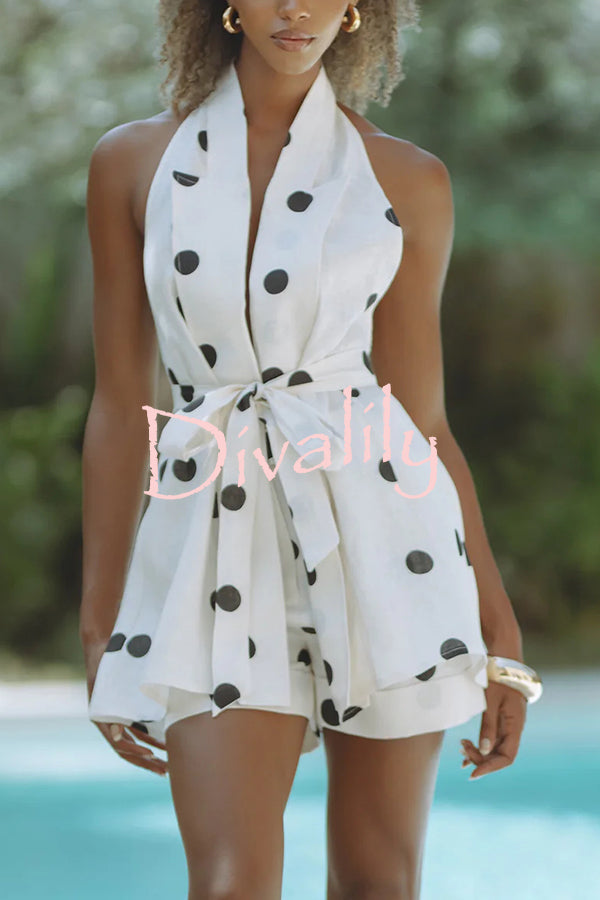 Gabby Linen Blend Polka Dot Tie-up Lapel Halter Vest and Metal Ring Belt Loose Shorts Set