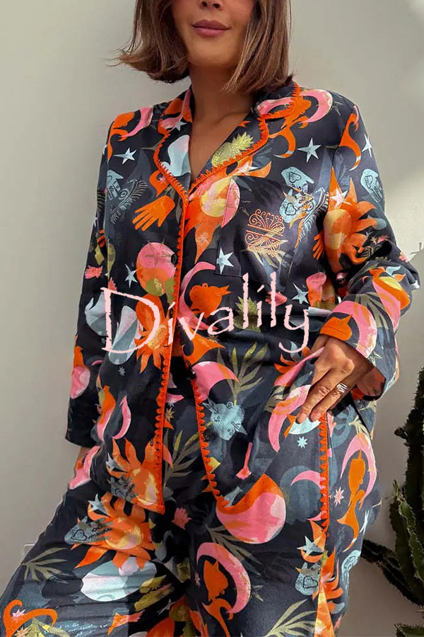 Evening Routine Unique Print Color-block Trim Loose Shirt and Elastic Waist Pocketed Pajama Set