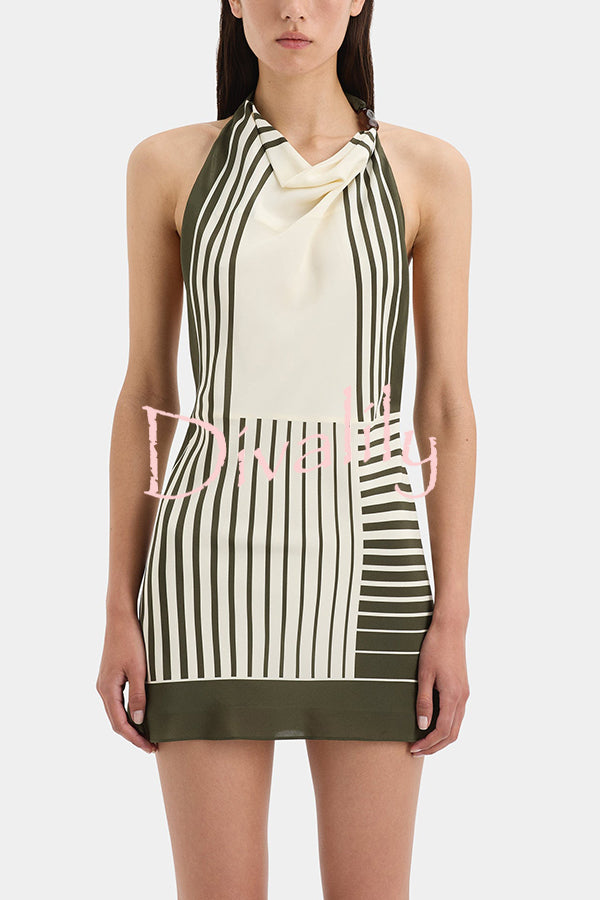 Summer Event⁠ Striped Beads Cowl Neck Backless Tie-up Mini Dress