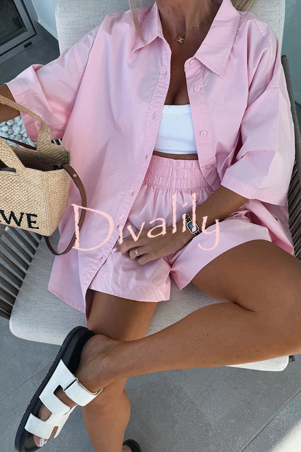 Summer Casual Loose Short-sleeved Shirt and Elastic High Waist Shorts Set