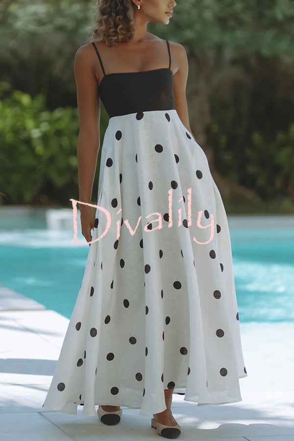 Alias Linen Blend Polka Dot Colorblock Back Smocked Pocket Slip Maxi Dress