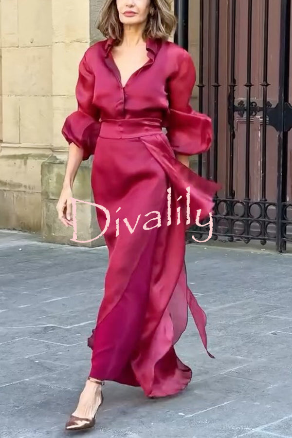 Lily Chiffon Bow Detail Puff Sleeve Blouse and Elegant Layered Maxi Skirt Set