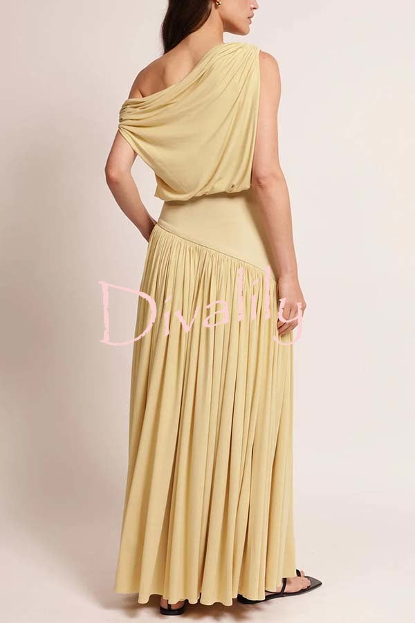 Gwen Soft Knit Fabric Off Shoulder Ruched Detail Drape Maxi Dress
