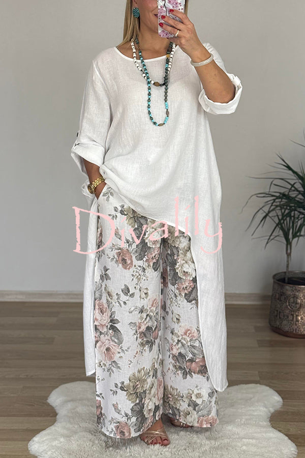 Linen Blend Crew Neck Long Sleeve Irregular Loose Top and Elastic Waist Floral Print Casual Pocket Set