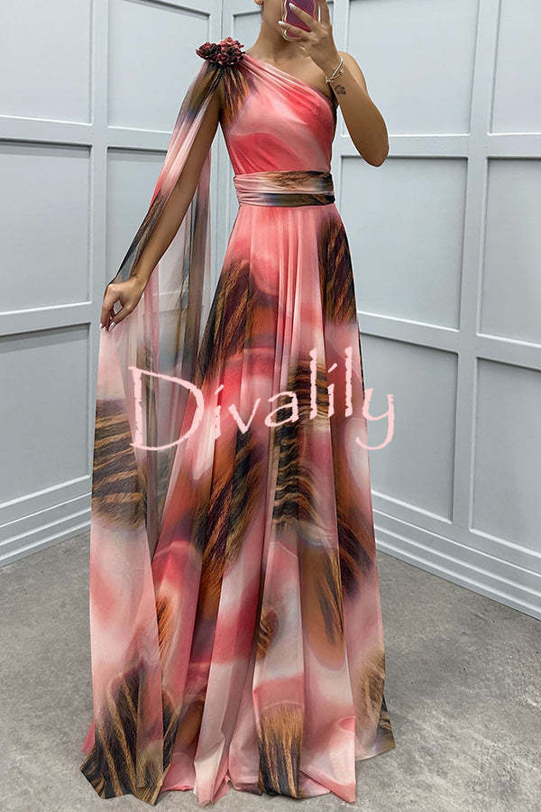 Lucia Unique Print Floral Detail One Shoulder Draped Sleeve Gown Maxi Dress