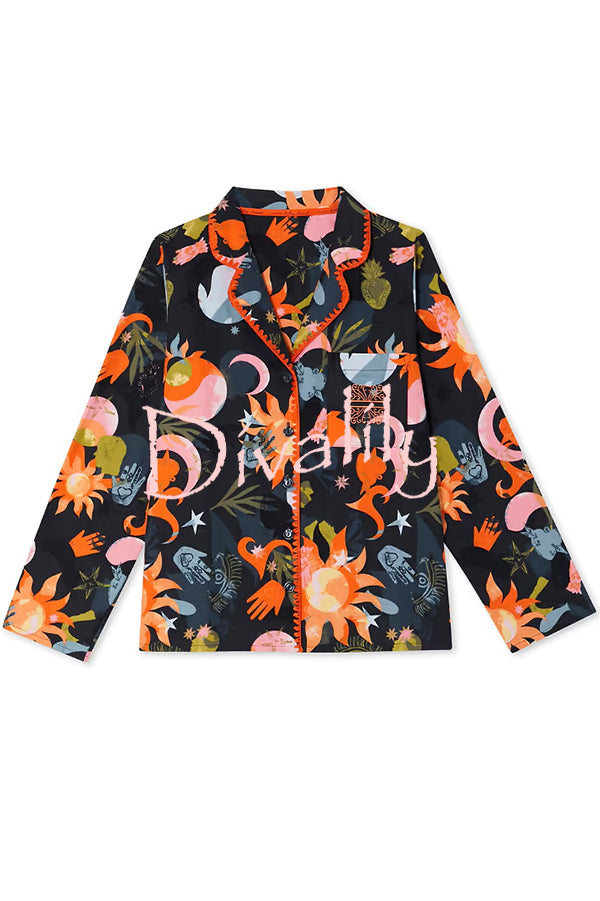 Evening Routine Unique Print Color-block Trim Loose Shirt and Elastic Waist Pocketed Pajama Set