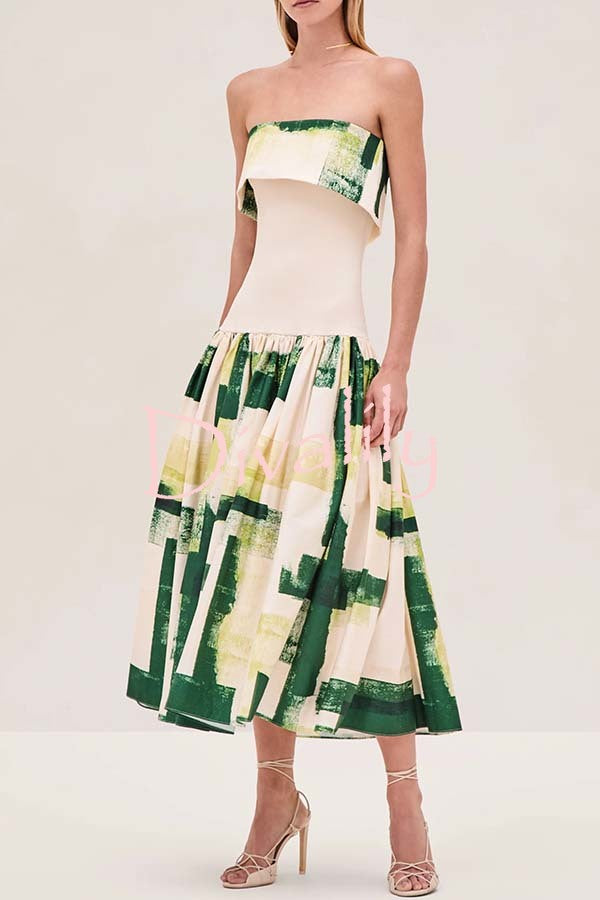 Robia Unique Print Ribbed Elastic Waist Pocketed Strapless Midi Dress