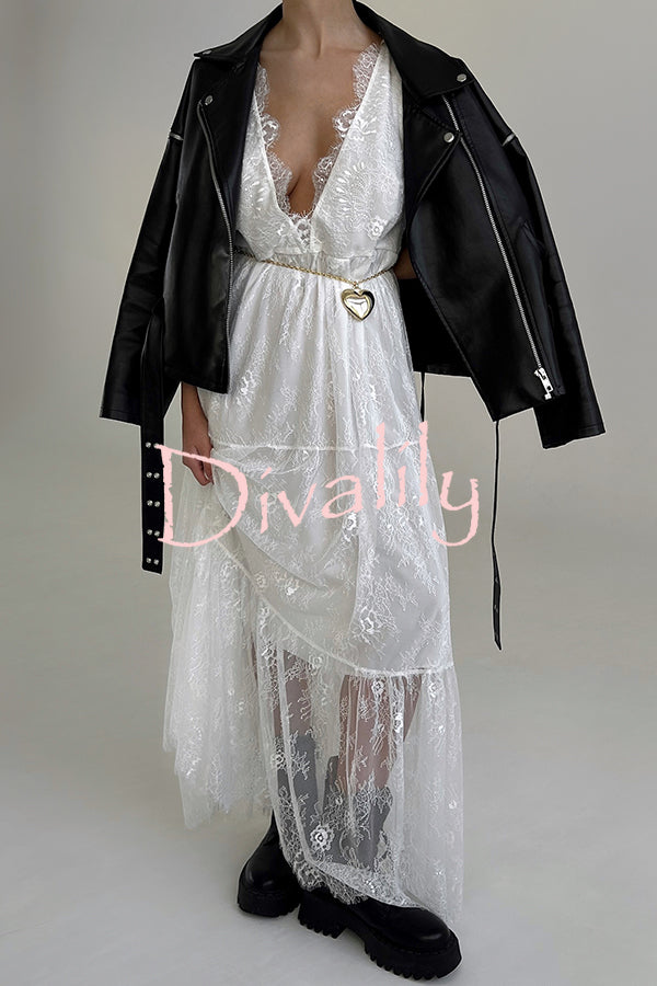 Fashionable Sheer Lace V-neck Backless Elegant Maxi Dress